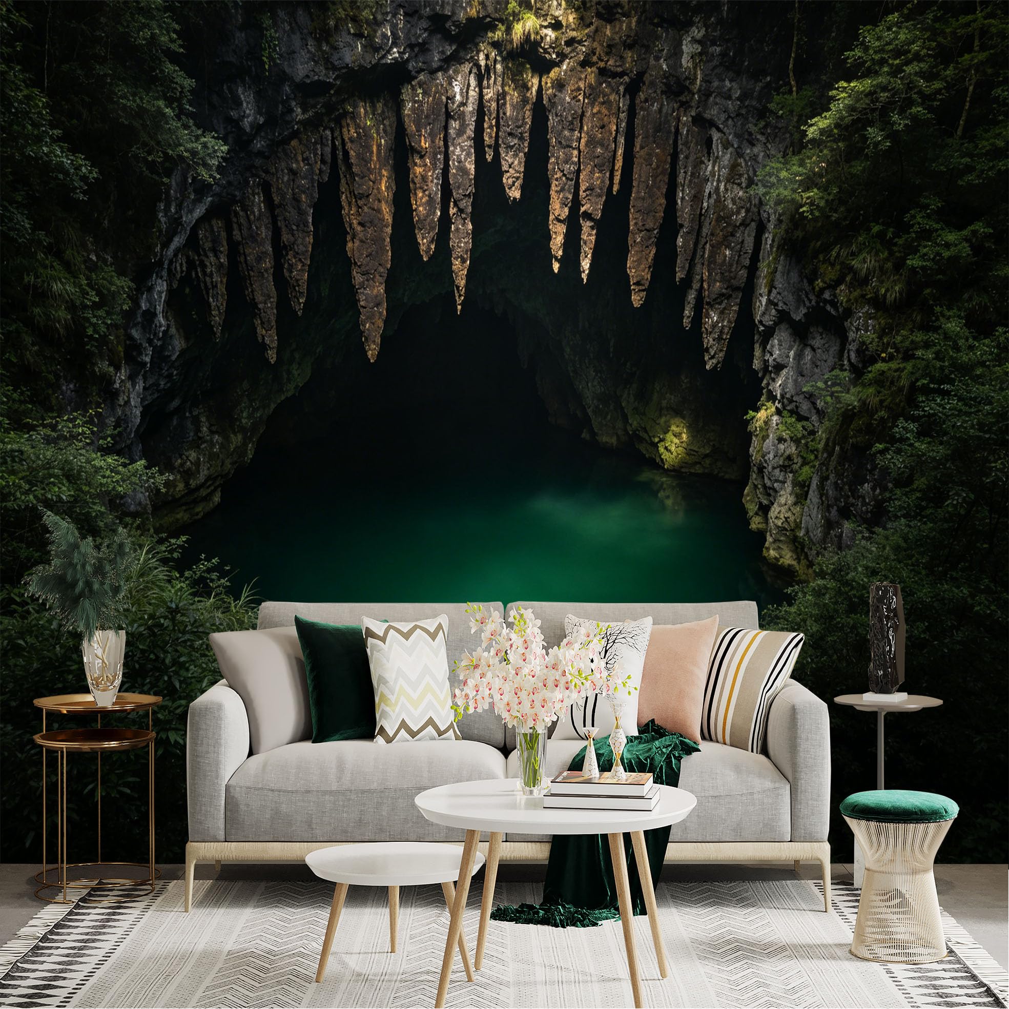 Lnzczhyre Dbh260521815 Custom Size Wall Sticker Mural， Mysterious Limestone Cave， Emerald Subterranean Lake， Stalactite Rock Formations， Lush Forest Entrance， For Wall Decoration， Peelandstick Wall Decals.