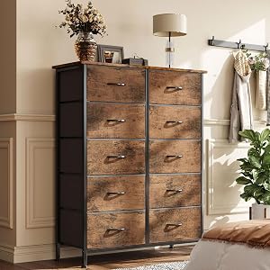 Dresser for Bedroom with 10 Drawer, Commode De Chambre, Fabric Chest of Drawers with Wooden Top, Tall Storage Tower, Cabinet for Hallway Entryway, Living Room Tv & Closets Rustic Brown