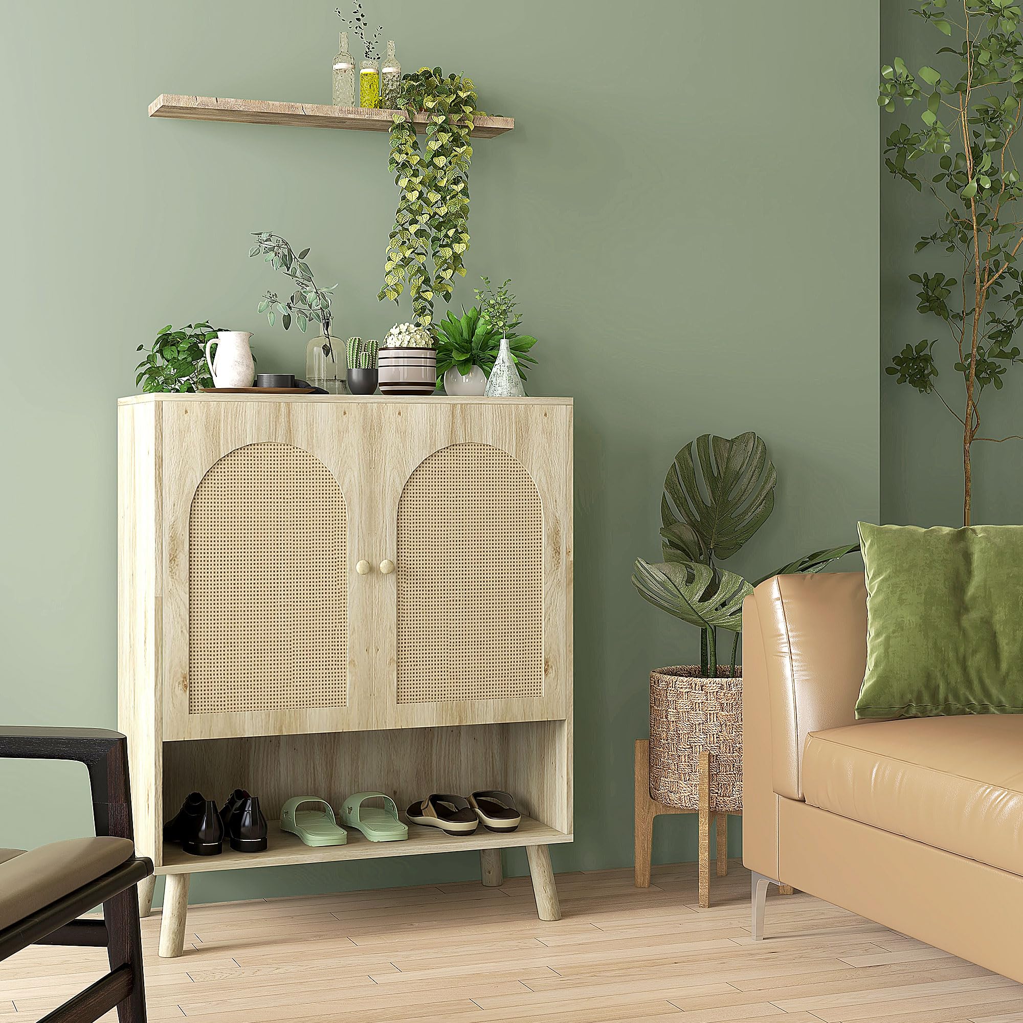 HOMCOM Mobile da Ingresso e Soggiorno in Stile Boho, Mobile Multiuso con Ante in Rattan e Ripiano Aperto, 80x38x100cm, Rovere
