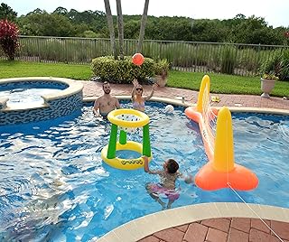 G-Loco Pool Volleyball Set and Pool Basketball Hoops; Pool Float Games; Includes 2 Balls; 1 Pump; Floating Pool Basketball Hoop; Pool Volleyball Net; Volleyball for Pool; Basketball for Pool