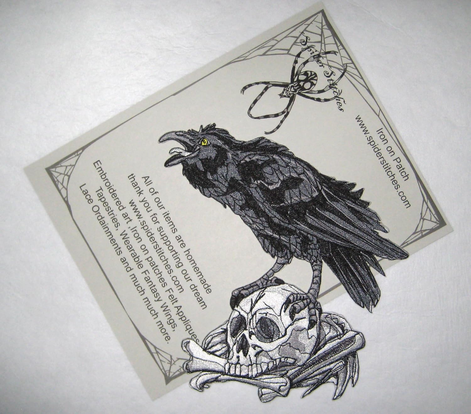 Raven Crow Black Bird on a Skull Iron on Patch Sew on Nevermore Applique