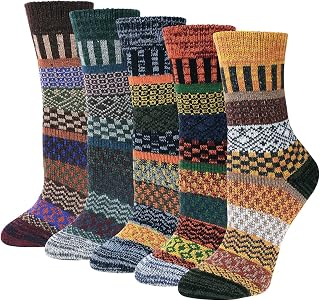 Justay Comf 5pairs Women Socks Merino Wool Winter Thermal Soft Classic Chunky Socks for Ladies Breathable Premium Hiking Socks Sweat-wicking, Wool Socks Gift for Men Women （4-8 Yellow, purple, brown）