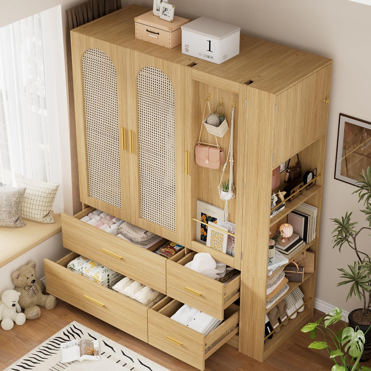 Wardrobe with drawers open, showing organized clothing and accessories