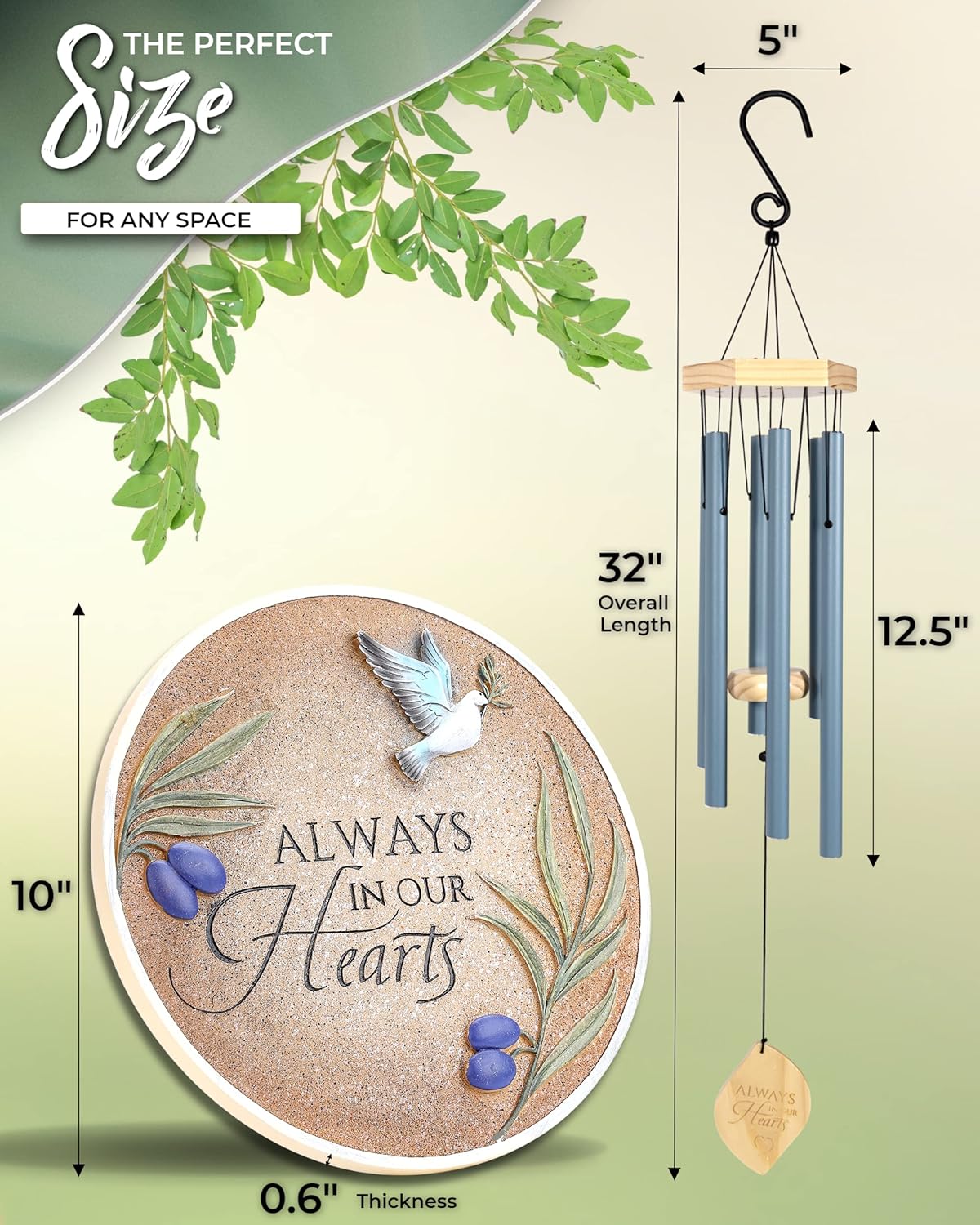 Spiritwind Bereavement Gift Ideas Bundle – 1 x Ocean Blue Memorial Wind Chimes Set and 1 x Garden Memorial Stones Set | Sympathy Wind Chimes with Memorial Plaque | Condolence, Remembrance Garden Gifts