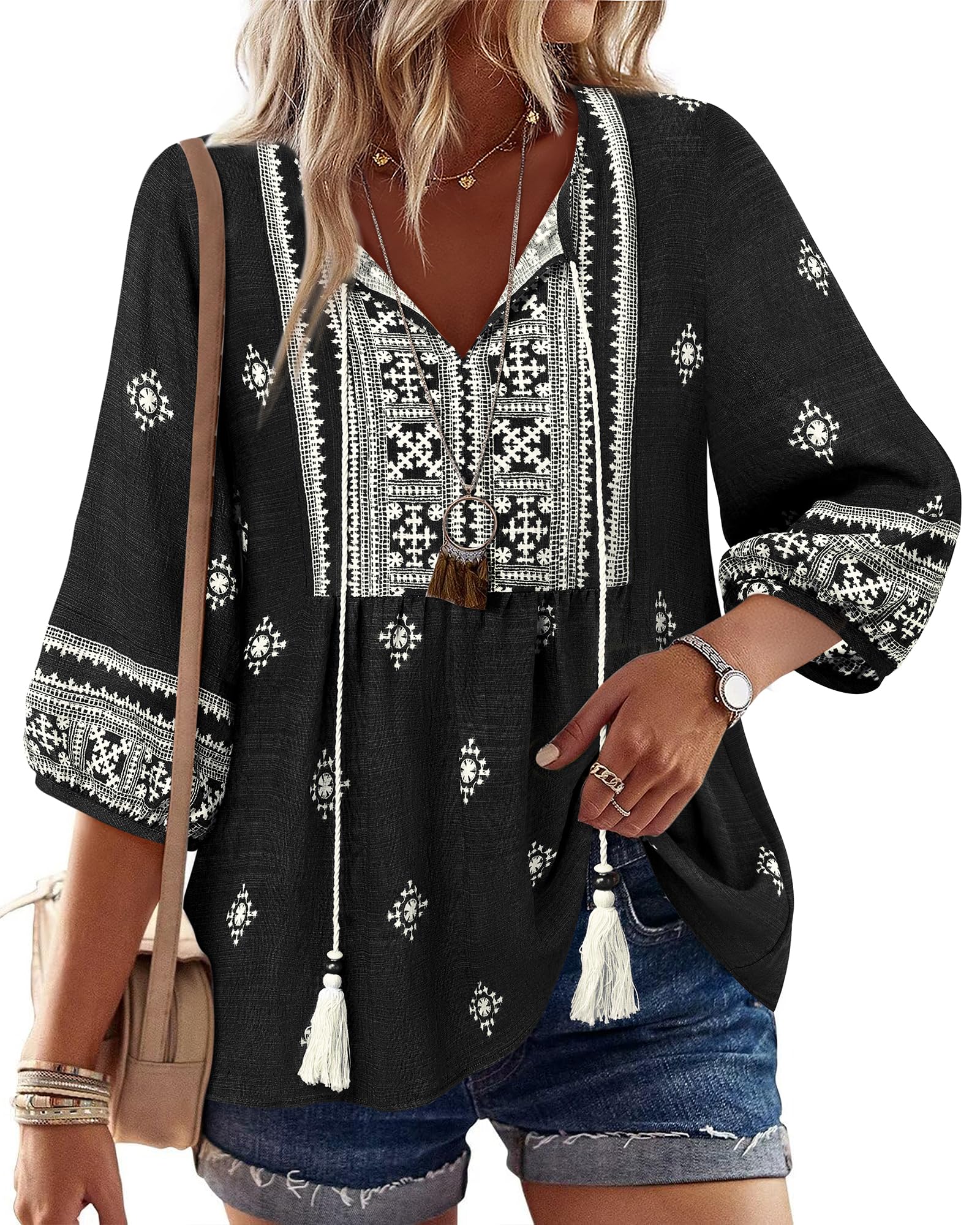 Vivilli Womens Fall Boho Babydoll Tops 3/4 Sleeve Pleated Peplum Blouses Casual V Neck Tie Front 2026 Tunic Tops