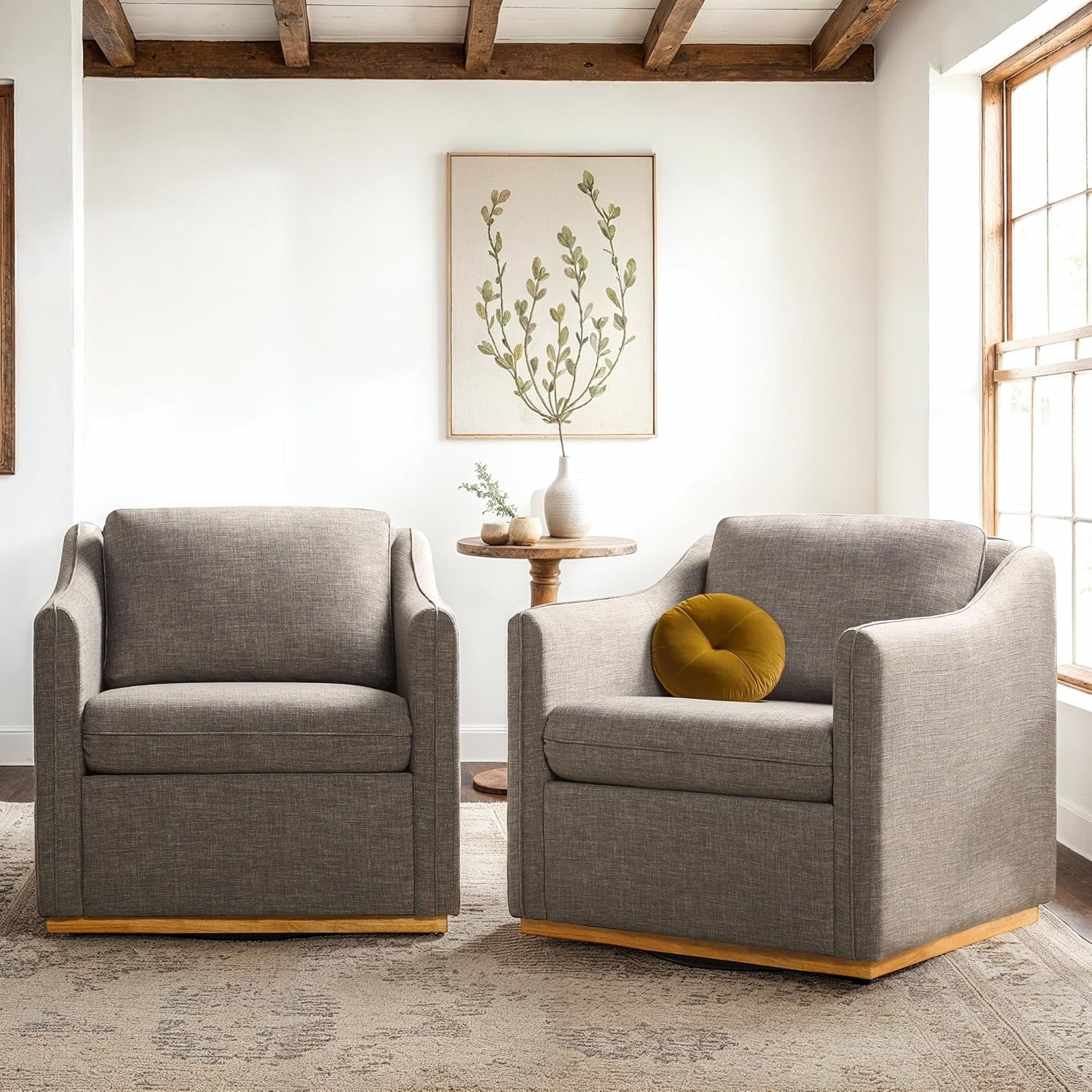 Walker Edison Nash Modern Farmhouse Linen Swivel Accent Chairs, 2-Pack, Dark Grey