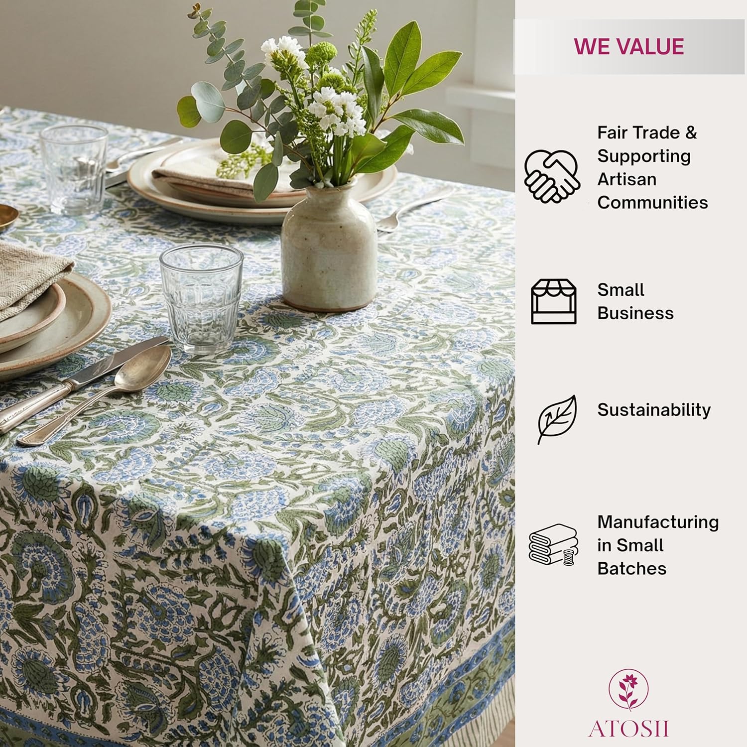 ATOSII Clover Blue 100% Cotton Rectangle Fall Tablecloth, Handblock Floral Linen Table Cloth for Kitchen Dining Table I Parties Christmas Thanksgiving I Fall Home Decor 60 X 108 Inches I 8 Seater