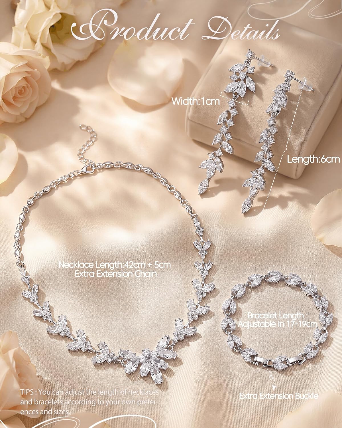 MILACOLATO Silver Wedding Jewelry Sets for Women Brides Bridesmaids Hypoallergenic Stainless Steel Post Rhinestone Earrings Statement Necklace Adjustable Bracelet Fashion Accessories