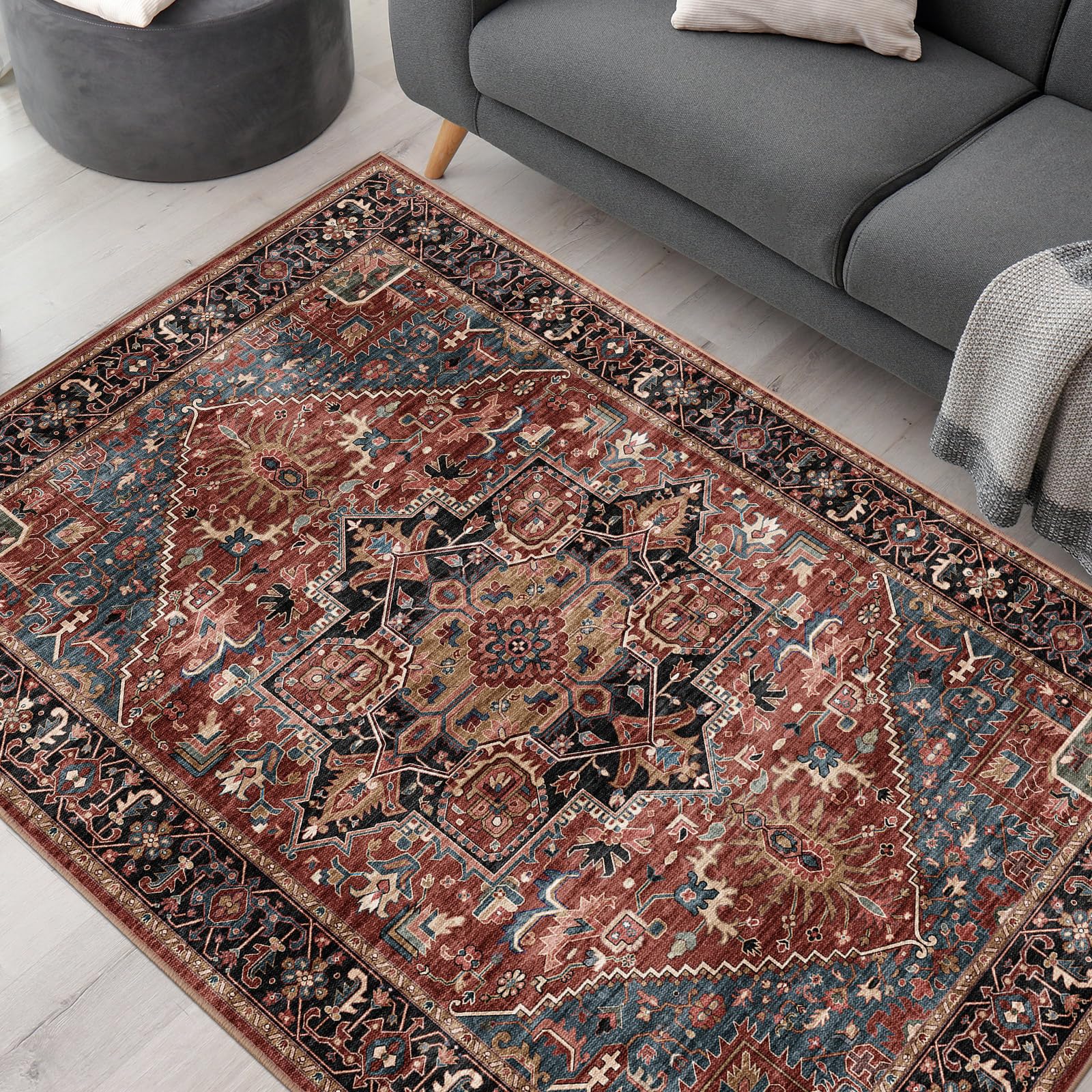 ラグ カーペット マット ペルシャ風絨毯 大判 130×190cm(1.5畳相当)|インテリア 北欧 チェアマット 洗える 滑り止め 低反発 防音 床暖房対応|抗菌防臭 防ダニ|北欧 幾何学 デザイン|リビング・オフィス オールシーズン適用 高級 レッド