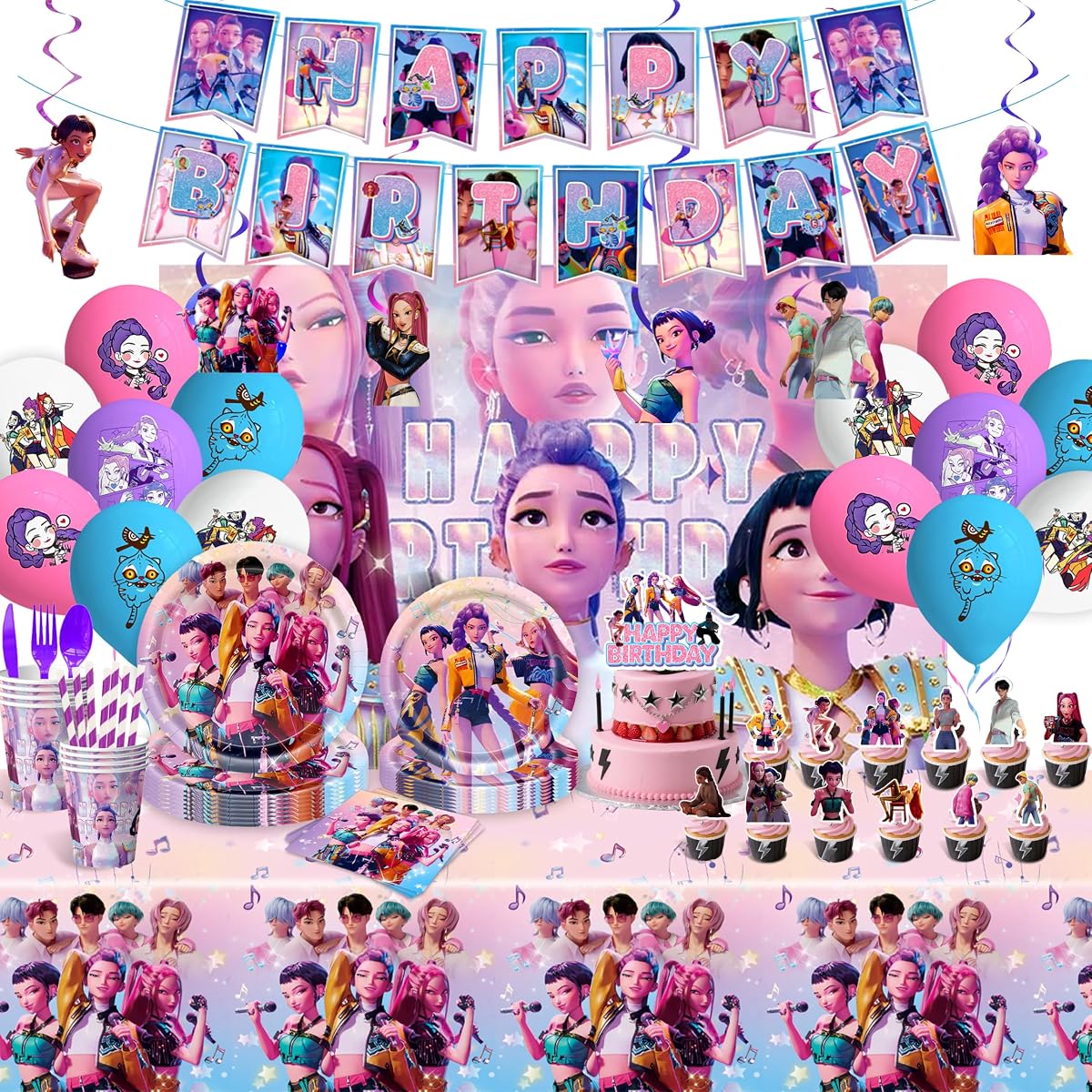 140 piezas de decoración de cumpleaños de K Pop Demon Hunters, mantel de 71 x 43 pulgadas, telón de fondo de 60 x 40 pulgadas, pancartas, globos, adornos para pasteles, platos de cena, servilletas, tazas, tenedores, cuchillos, pajitas, juego completo para fiestas