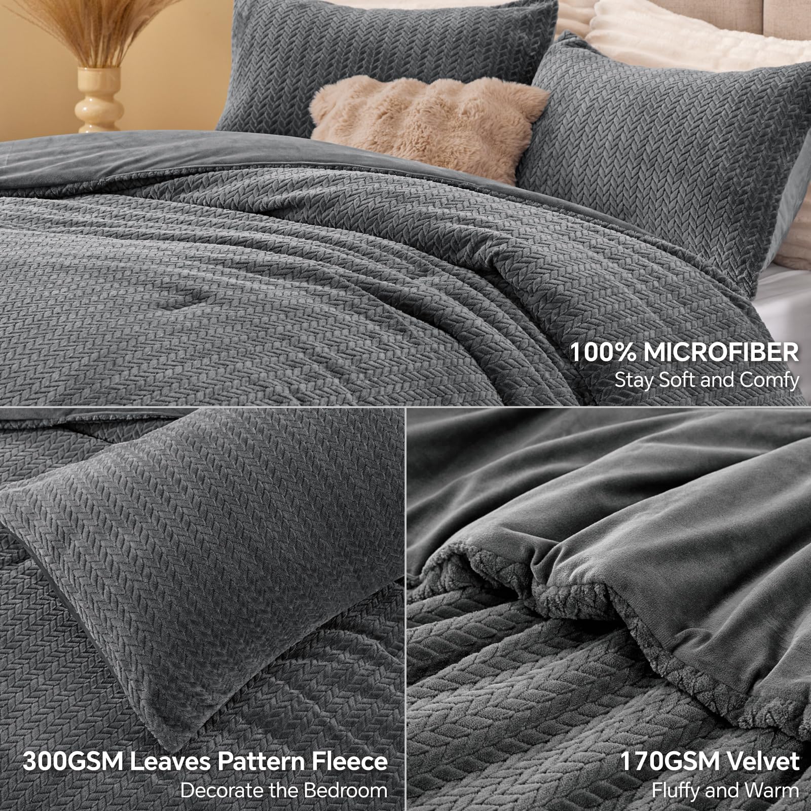 ChiXpace Fleece Queen Comforter Set Grey, Fluffy Flannel Bed Set 3 Pieces — product photo
