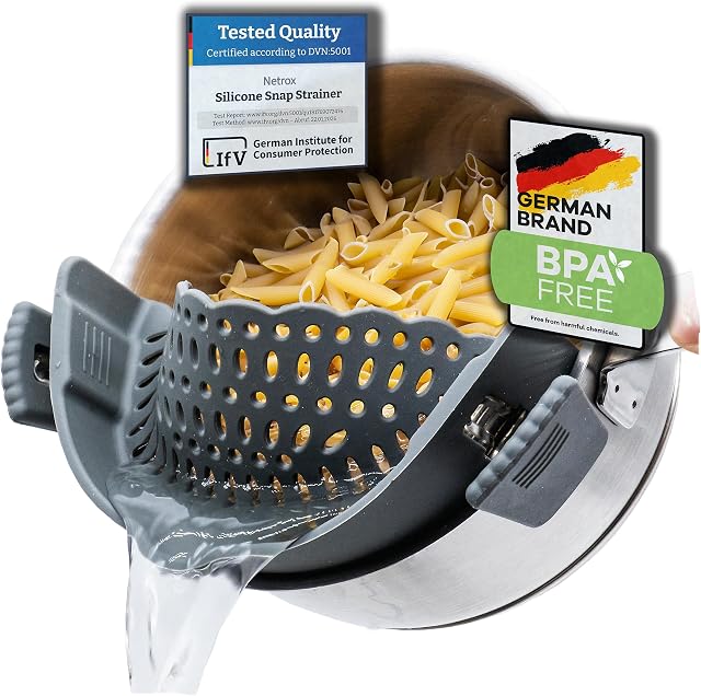 Netrox Scolapasta Silicone con Clip per Pentole e Ciotole | Colino in silicone con clip per scolare pasta e alimenti, si aggancia facilmente a pentole, padelle e ciotole.