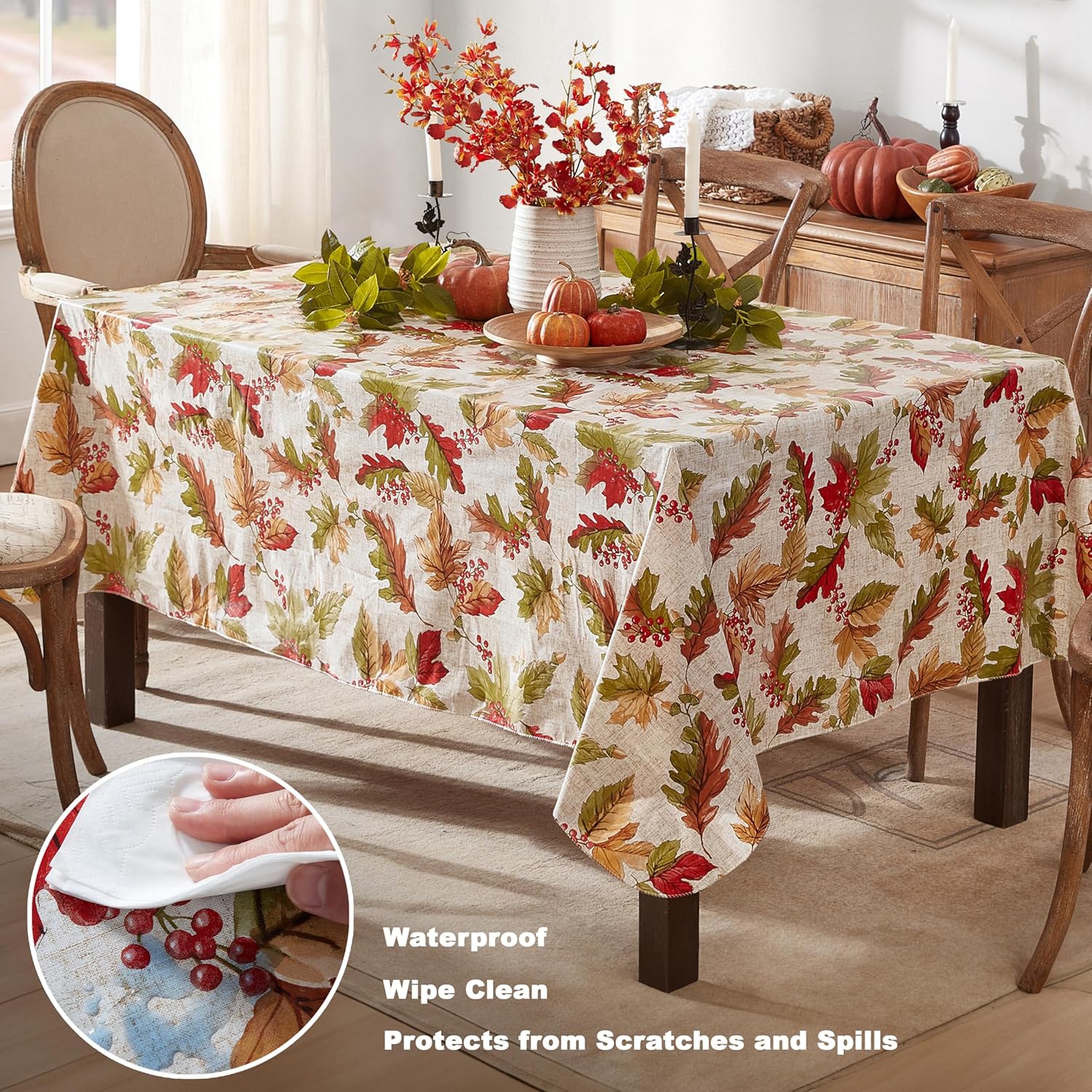 Newbridge Rustic Acorn & Leaf Fall Vinyl Tablecloth with Flannel Backing, 60 x 84 Inch Rectangle – Autumn Thanksgiving Dining Room Table Cover