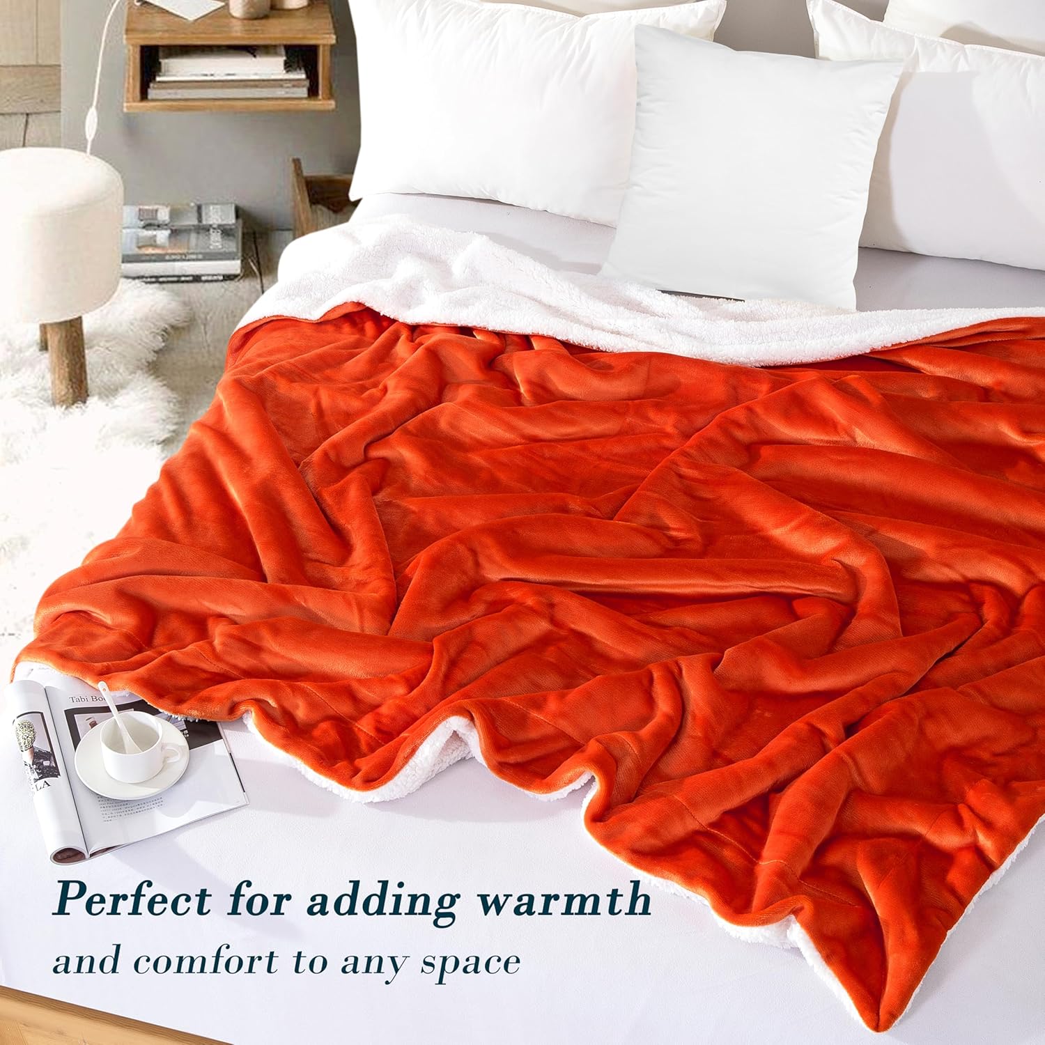 Mocassi Premium Ultra-Soft Flannel Fleece Sherpa Throw Blanket - Warm Cozy Reversible Plush Micromink Blanket for Couch, Bed and Sofa - Fluffy, Christmas Winter Bedding Gift, Queen, Orange