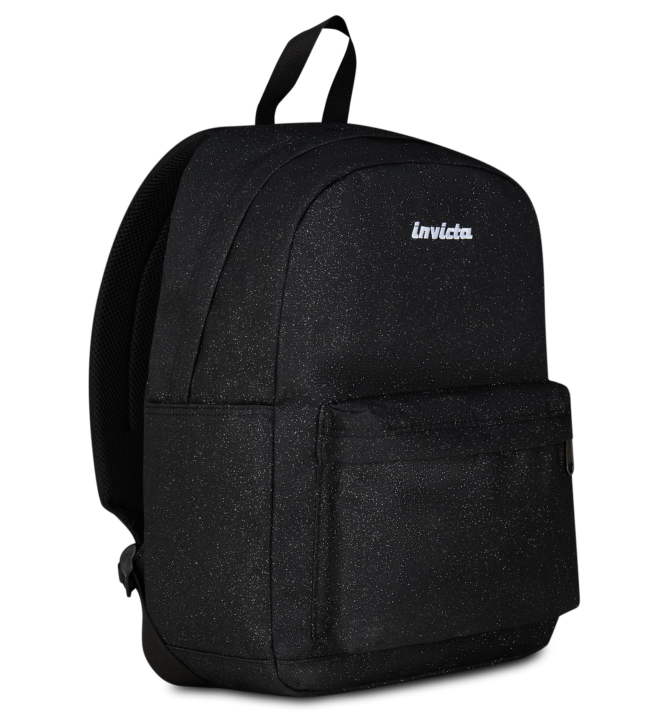 Invicta Zaino Scuola Carlson Shine, Nero, 24 L, Effetto brillantini, Monoscomparto, Tasca interna con zip, Scomparto porta pc ablet, Tasca laterale portaborraccia, Scuola media e superiore, Ragazza