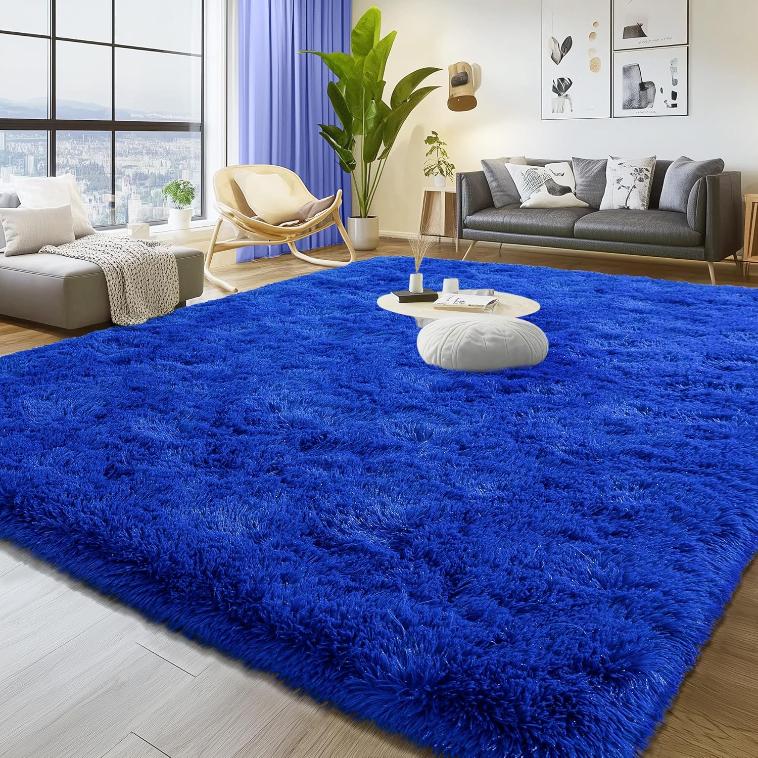 Large 8x10 Area Rugs for Living Room, Bright Blue Soft Shag Rug for Bedroom, Non-Slip Ultra Fluffy Rug, Modern Plush Carpet for Girls Boys Kids Room Dorm, Fuzzy Rug for Home Decor Aesthetic
