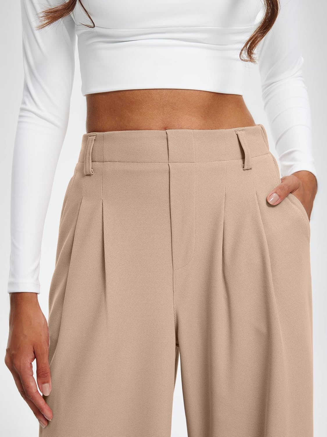 Libin Women's Wide Leg Pants 27"/29" High Waisted Waffle Knit Casual Slacks Work Pants Business Palazzo Trousers with Pockets - Image 4