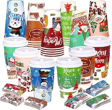 36 Pcs Christmas Cups with Lids and Sleeves, Christmas Coffee Cups 16 oz, 6 Designs Holiday Paper Cups for Hot Chocolate Coffee Xmas Winter Holiday Party Supplies
