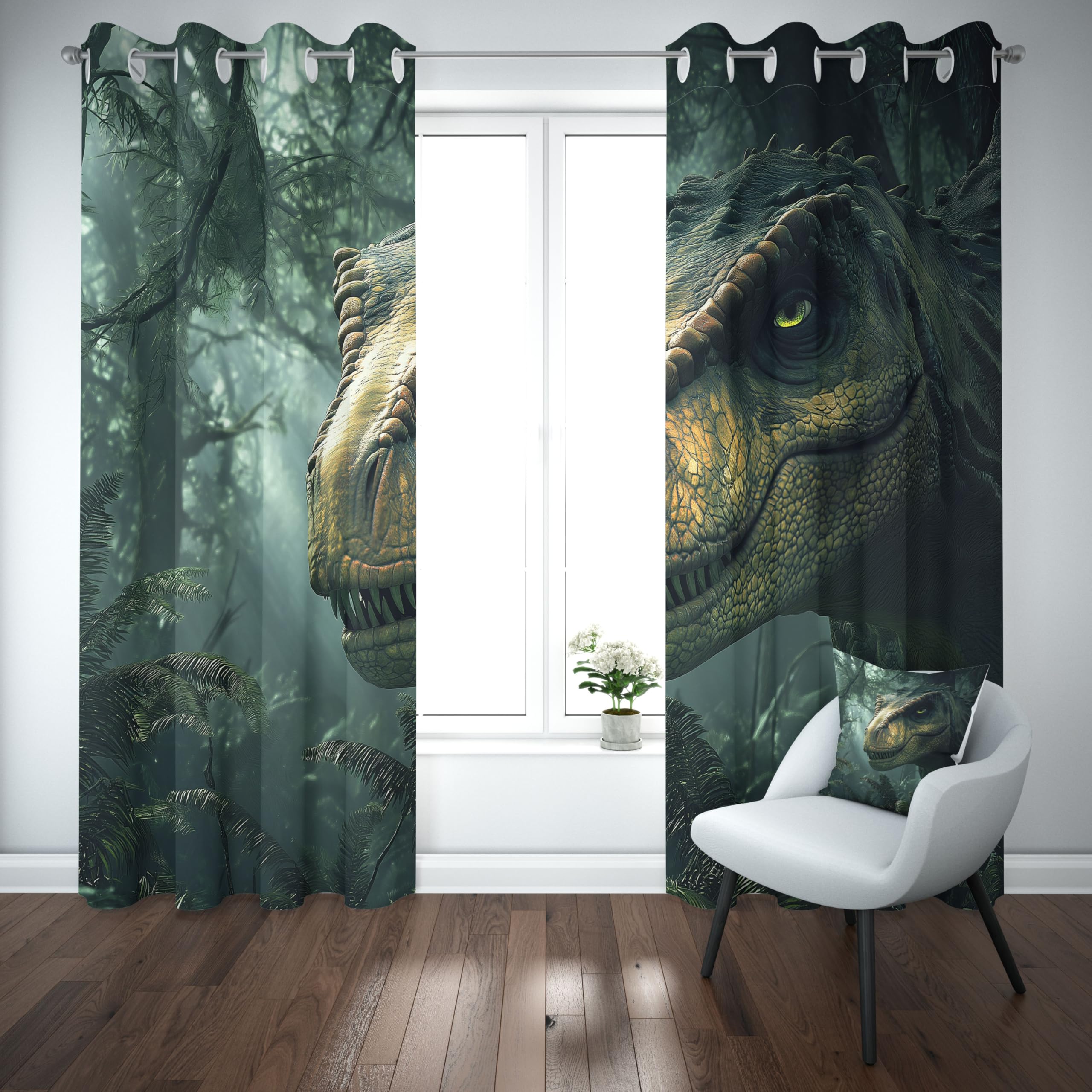 Rideaux occultants à motif dinosaure pour salon, rideau dinosaure tyrannosaure pour chambre, rideaux occultants thermiques à motif plantes et feuilles vertes pour chambre d'enfant/adolescent, ensemble