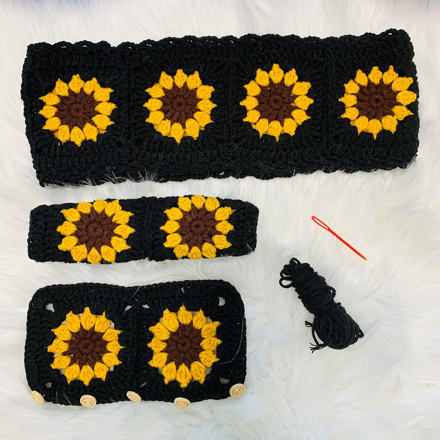 Handmade Crochet Steering Wheel Cover, Yellow Sunflower Black Flower Seat Belt Cover, Car Interior Accessories Decorations. (Steering Wheel Cover)