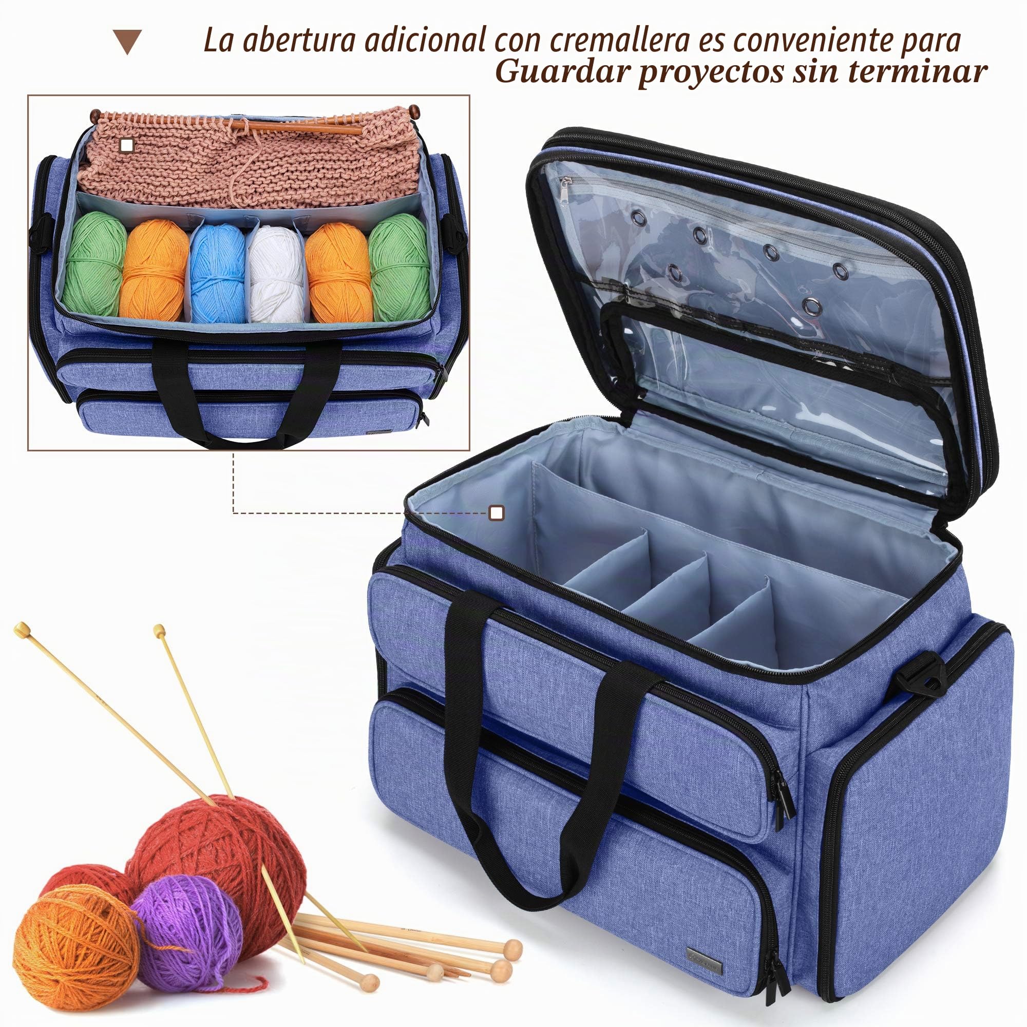 Yarwo Bolsas de Labores, Organizador para Lanas con Cubierta, Bolsa de Almacenamiento para Agujas de Tejer (Hasta 35.5cm), Ganchillos, Ovillos de Hilo y Otros Accesorios, Azul (Solo Bolsa)