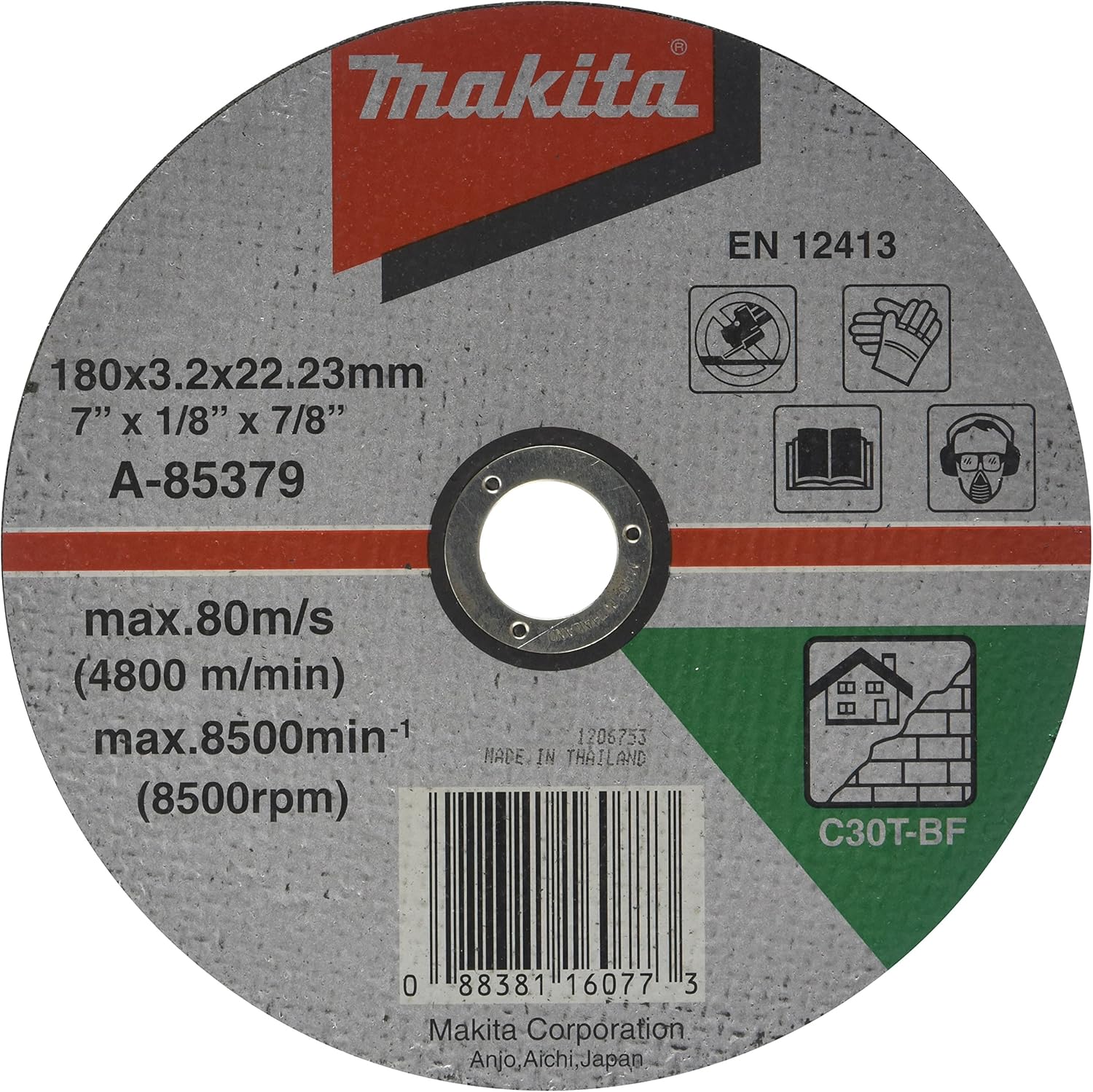 Makita A85379 Cut Off Wheel 180X3X22 C30T, MultiColour