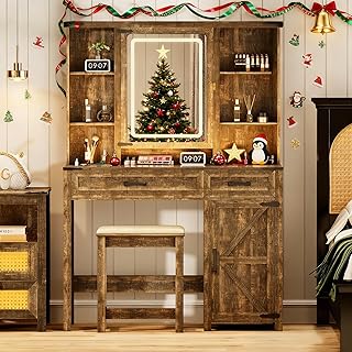 Farmhouse 3 in 1 Vanity Desk Mirror with Lights with Charging Station,Gl...