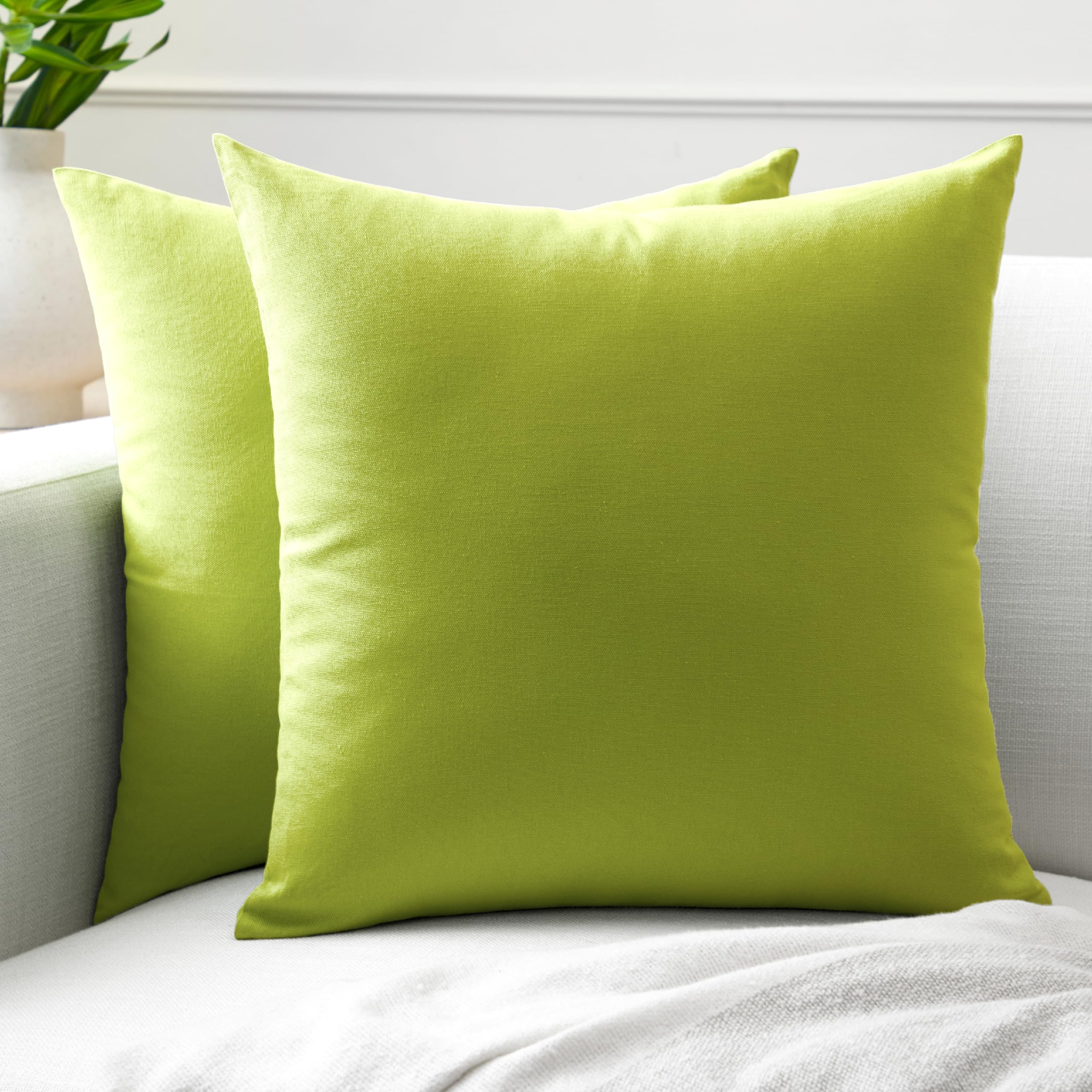 Encasa Homes Decorative Cushion Cover 2 pc 24 x 24 inch (60 x 60 cm) - Lime Green - Solid Dyed Plain Colour, Large Cotton Canvas Square Pillow Case for Chair, Seat, Bed, Office & Home (Set of 2)