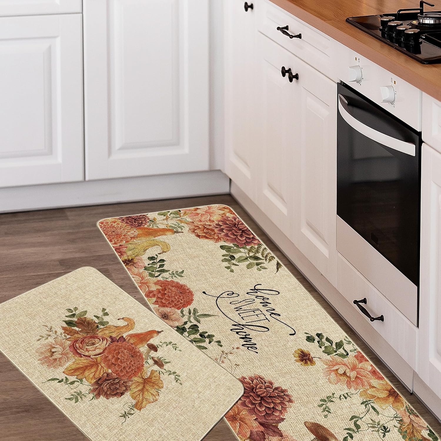 Fall Thanksgiving Harvest Dahlia Pumpkin Kitchen Mats Set of 2, Autumn Grateful Sweet Home Kitchen Rugs Floor Non-Slip Low Profile Mat Seasonal Farmhouse Home Decor 17x29 and 17x47 Inch