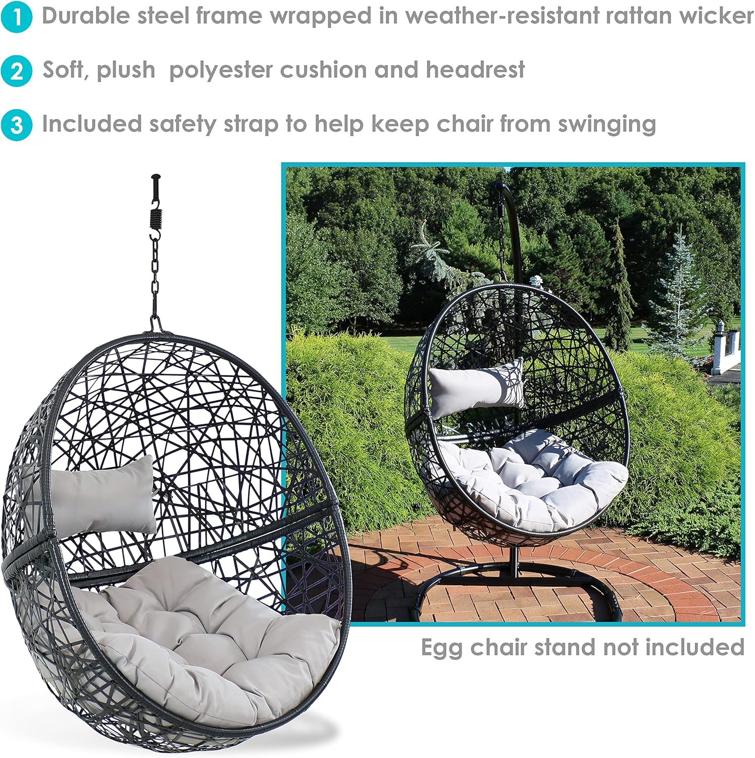 Sunnydaze Jackson Resin Wicker Hanging Egg Chair - 265-Pound Weight Capacity - Removable Gray Polyester Cushions