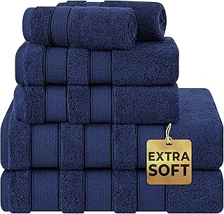 طقم مناشف فاخرة بجودة فندقية 600 غرام لكل متر مربع من القطن التركي الاصلي 100% 2 منشفة حمام يد فوط فائقة النعومة والامتصاص ازرق كحلي 6 قطع صافي بلس