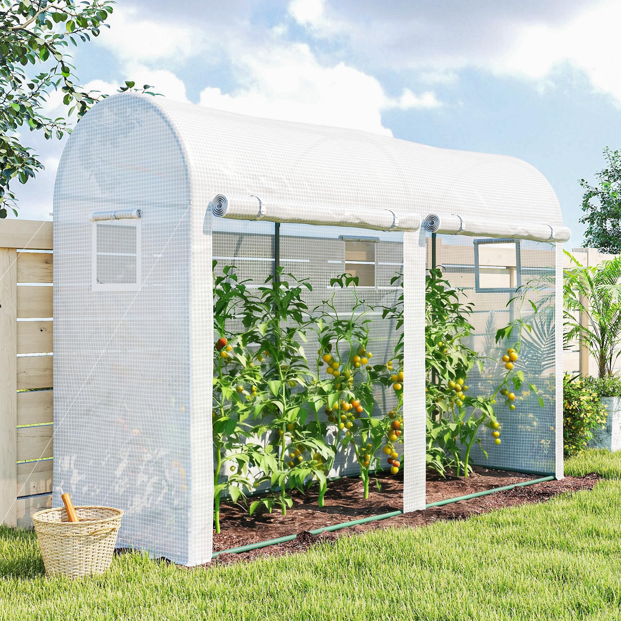 Outsunny Serra da Giardino 3x1x2m con 2 Porte Avvolgibili e 4 Finestre, Serra per Orto, Struttura Acciaio e Copertura PE, per Piante Verdure Fiori Frutta, Anti UV, Bianco