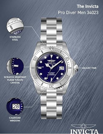 Invicta 40mm Men's Pro Diver Blue Dial Silver Tone Stainless Steel Watch 34023