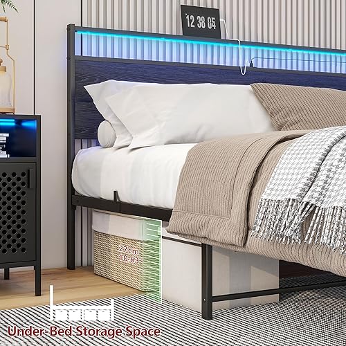 Miniatura 7 de Base de cama de tamaño King con cabecera de almacenamiento/luces LED, base de cama King con estación de carga, marco de cama negro, no necesita