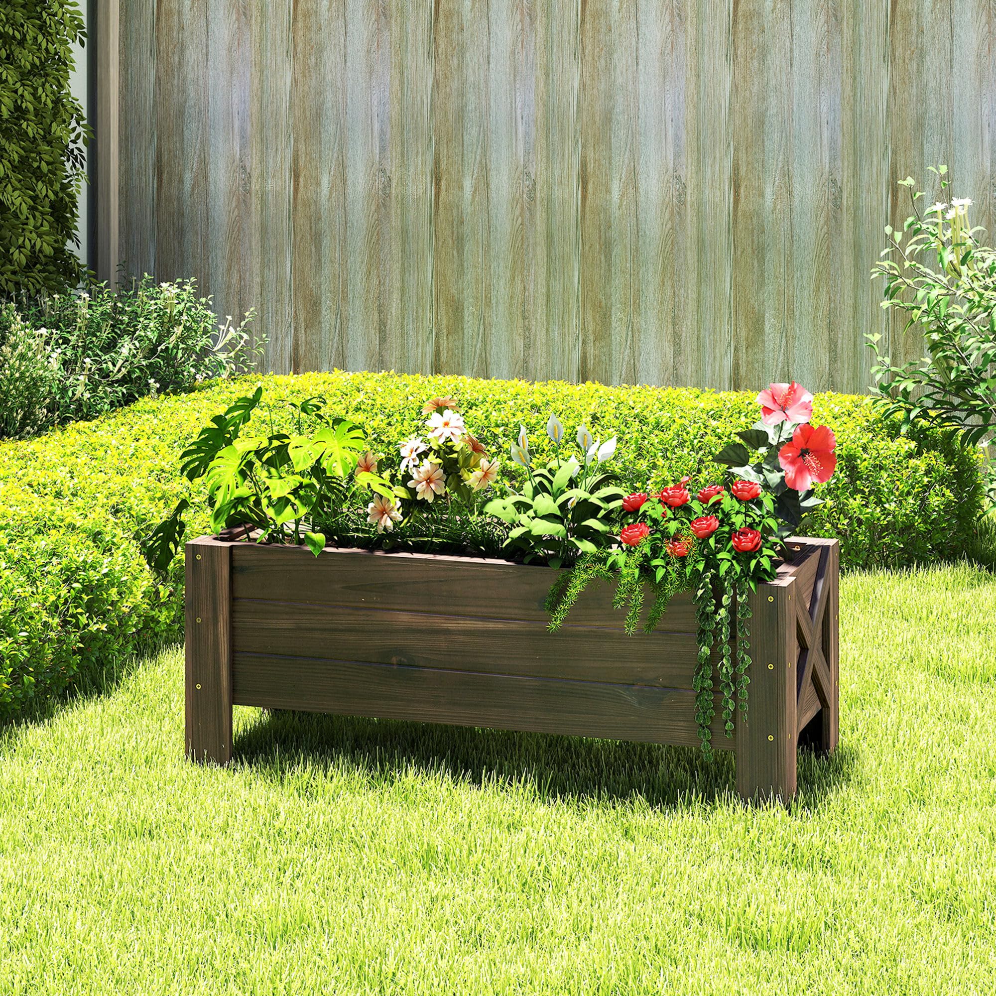 Outsunny Jardinière sur Pieds 100L x 36l x 36H cm Bois Massif Sapin traité | Bac à Fleurs, Inserts d'irrigation Inclus