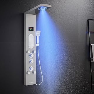 Duschpaneel mit Armatur, 6 Funktionen Duschpaneel mit LED Temperaturanzeige Regendusche, Nebeldusche, 2 Modi Massagedüsen, Handbrause und Wanneneinlauf, Duschsäule aus Edelstahl