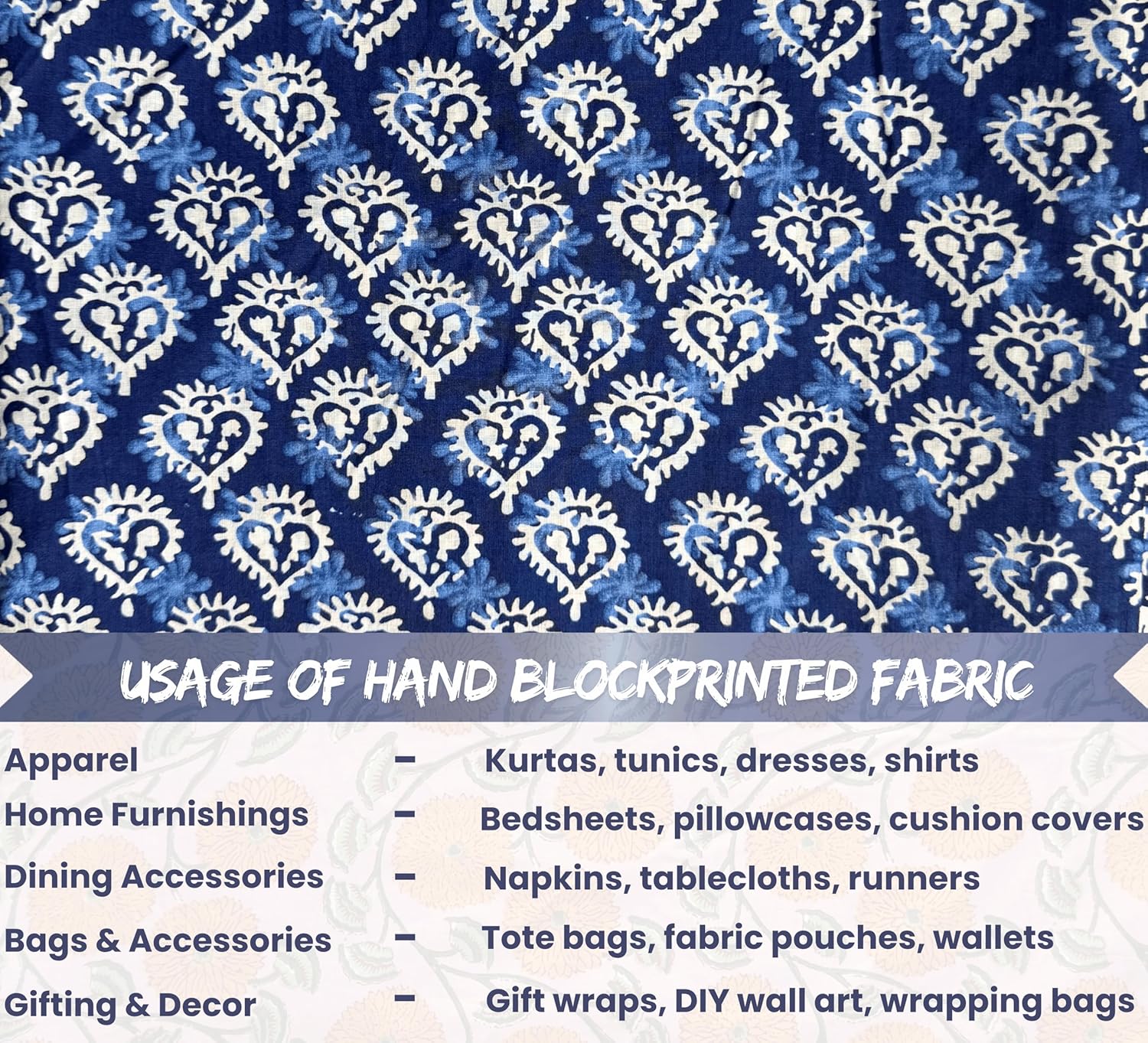 Indian Hand Block Print 60/60 Indigo Blue 100% Cotton Fabric by The Yard, Lightweight Floral Quilting & Sewing Fabric for Dressmaking, Upholstery & DIY Craft (TS-112 Indigo Blue, 5 Yard Pre Cut)