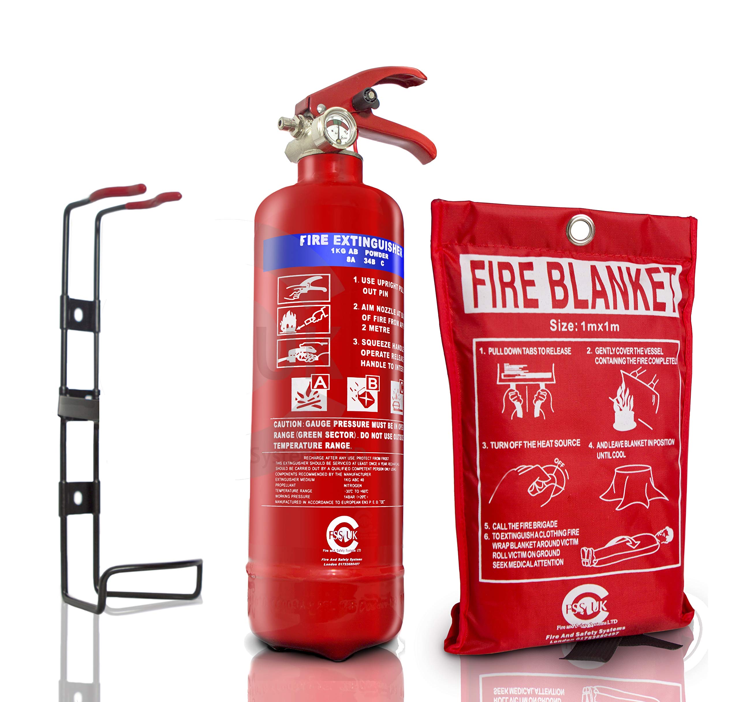 Fss Uk Boat Safety Approved 34 B Rating 1 Kg Abc Dry Powder Fire Extinguisher With Fire Blanket. Bsi Kitemarked. Also Used For Transport Homes Kitchen Offices Cars Taxi Cabs Trucks Garages Hotels