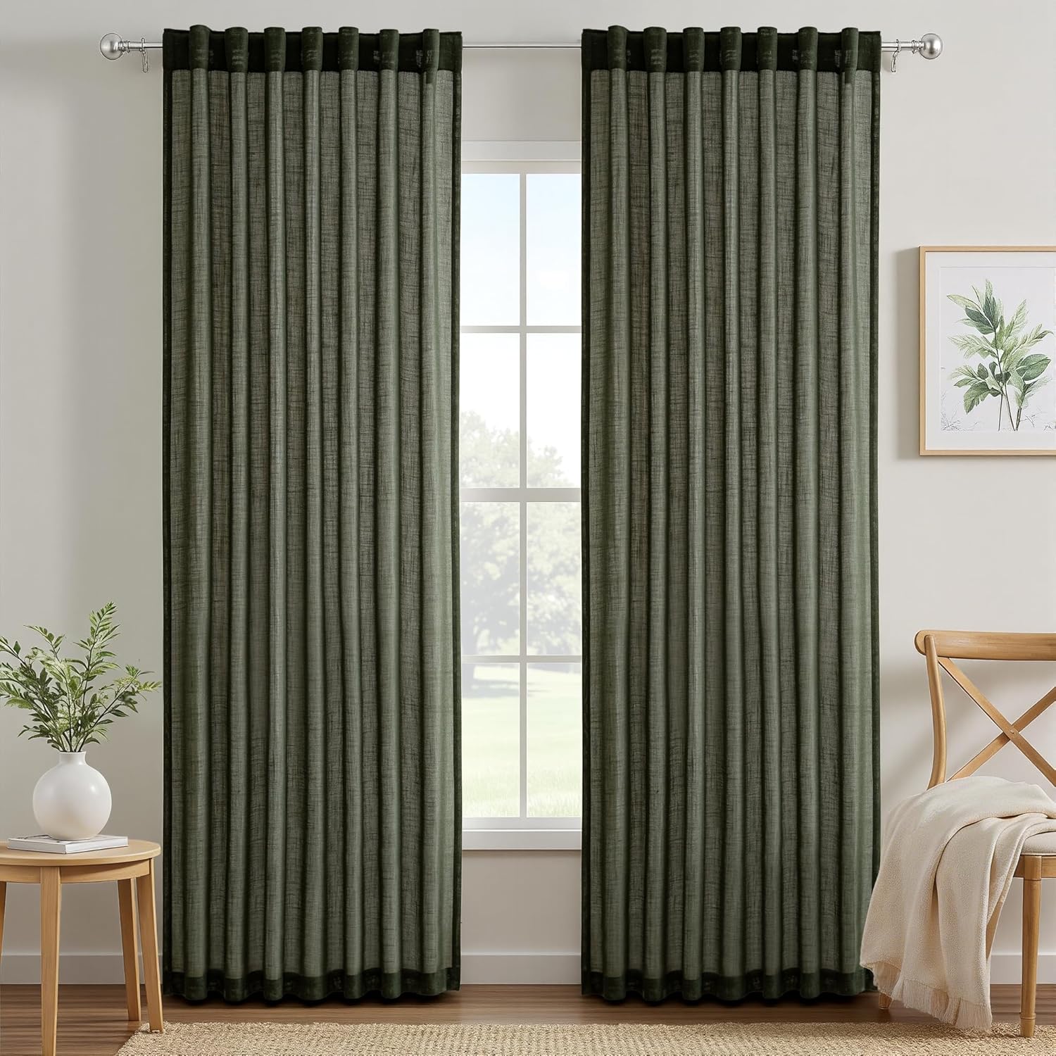 VISIONTEX Olive Green Green Linen Curtains 84 Inches Long for Bedroom Living Room 2 Panel Farmhouse Country Boho Style Back Tab Pocket Drape Light Filtering Semi Sheer Sage Aesthetic Decor