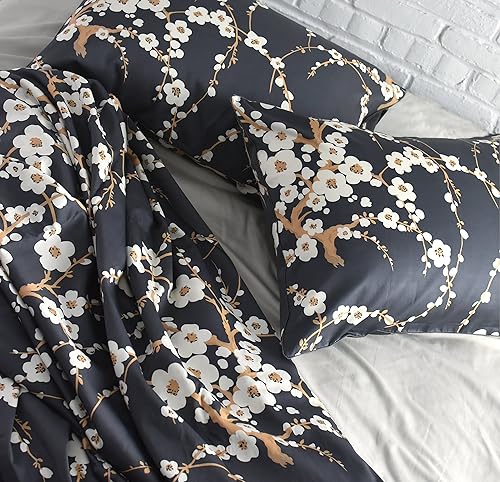 Miniatura 5 de Eikei Juego de ropa de cama de 3 piezas con estampado de ramas florales de flores rojas cerezo estilo oriental japonés, 300 hilos (King, carbón)