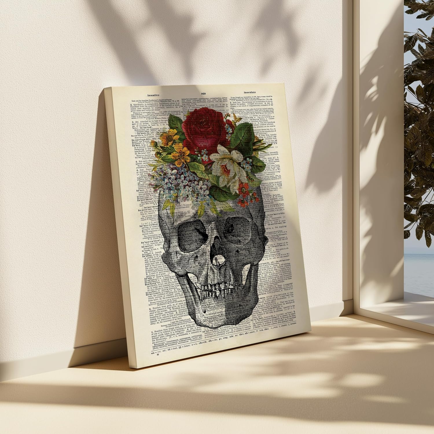 Poster Master Dictionary Art Canvas - Flowery Crown on Skull Print - Skeleton Art - Gift for Him, Her, Doctor, Nurse - Flower & Floral Decor for Clinic, Hospital - 8x10 STRETCHED Canvas