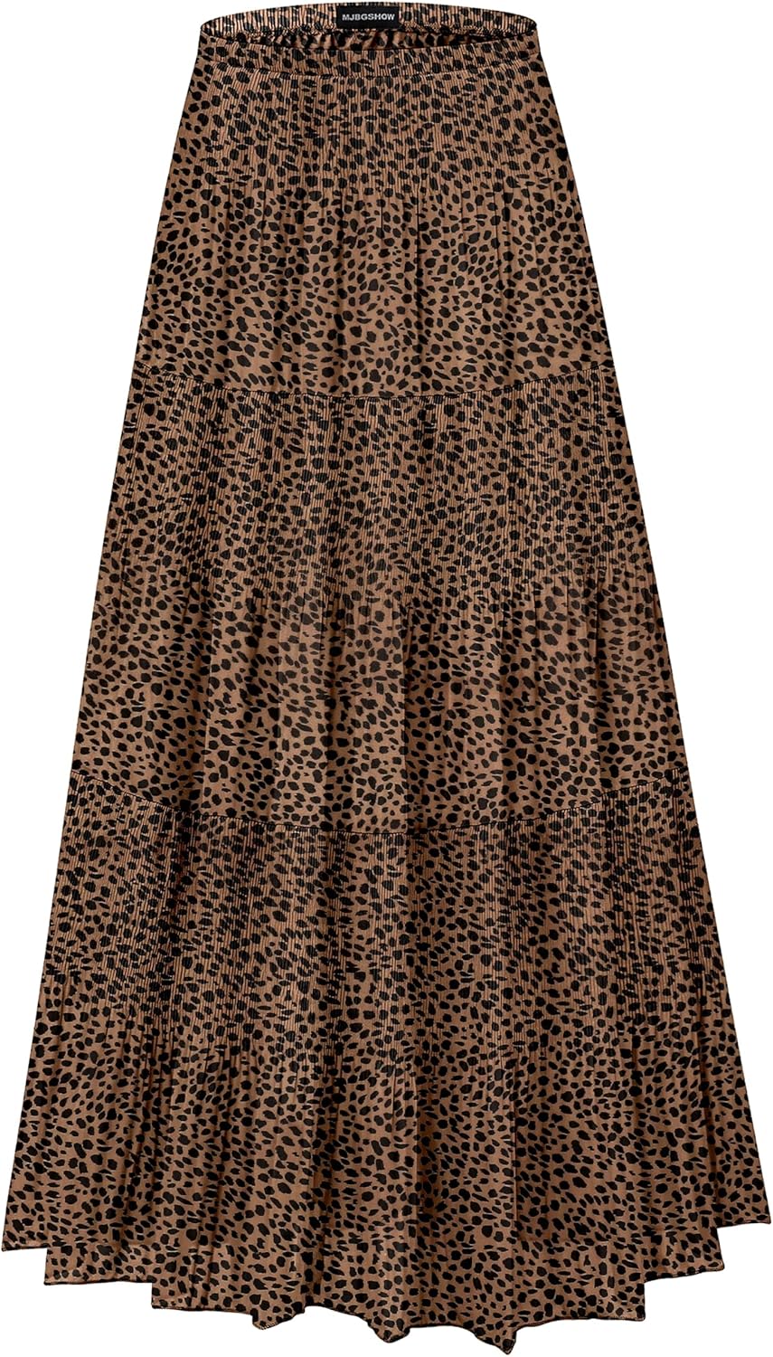 Womens Chiffon Long Skirt Elastic High Waist Floral Maxi Skirts Tiered Pleated A Line Boho Flowy Long Skirts