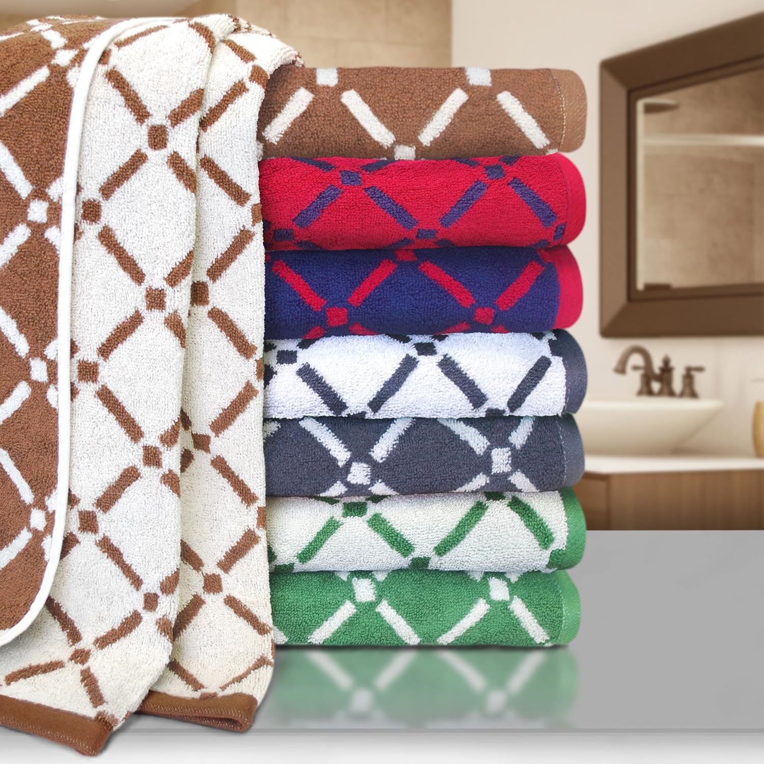 Modern Towel Collection, Combed Cotton Bath Sheets for Shower and Bathroom, Oversized 2-Piece Bath Sheet Set, 30" x 52", Diamond Trellis, Chocolate/Cream by Blue Nile Mills