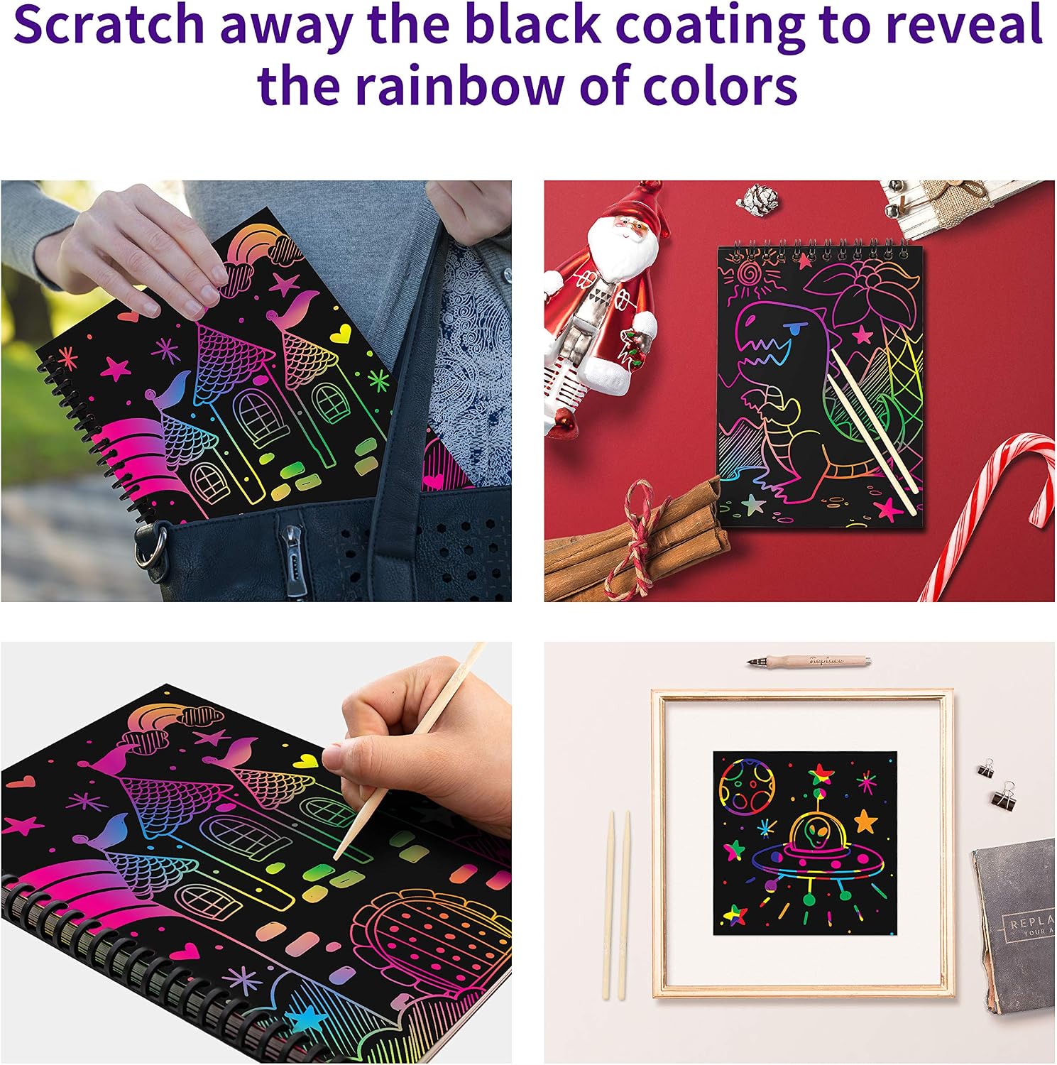 JOYIN 68 Pcs Colorful Rainbow Scratch Off Art Kit Set with Scratch Paper Art Notebooks, Wooden Stylus and Bookmarks Creativity Art and Craft Supplies for Kids Party Favors