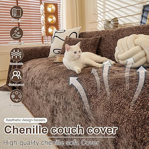 Miniatura 3 de ROOMLIFE Funda de sofá con borlas de felpilla marrón, manta para sofá seccional, fundas de sofá suaves para sofá biplaza en forma de L para sofá