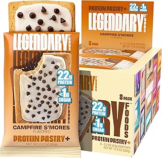 Legendary Foods 22g Protein Pastry+ S'mores Low Carb Meal Replacement Bar - Low Glycemic, Gluten Free Protien Snacks - Healthy Keto Snack Box, 8x Zero Sugar Energy Bars - Bariatric Diabetic Friendly