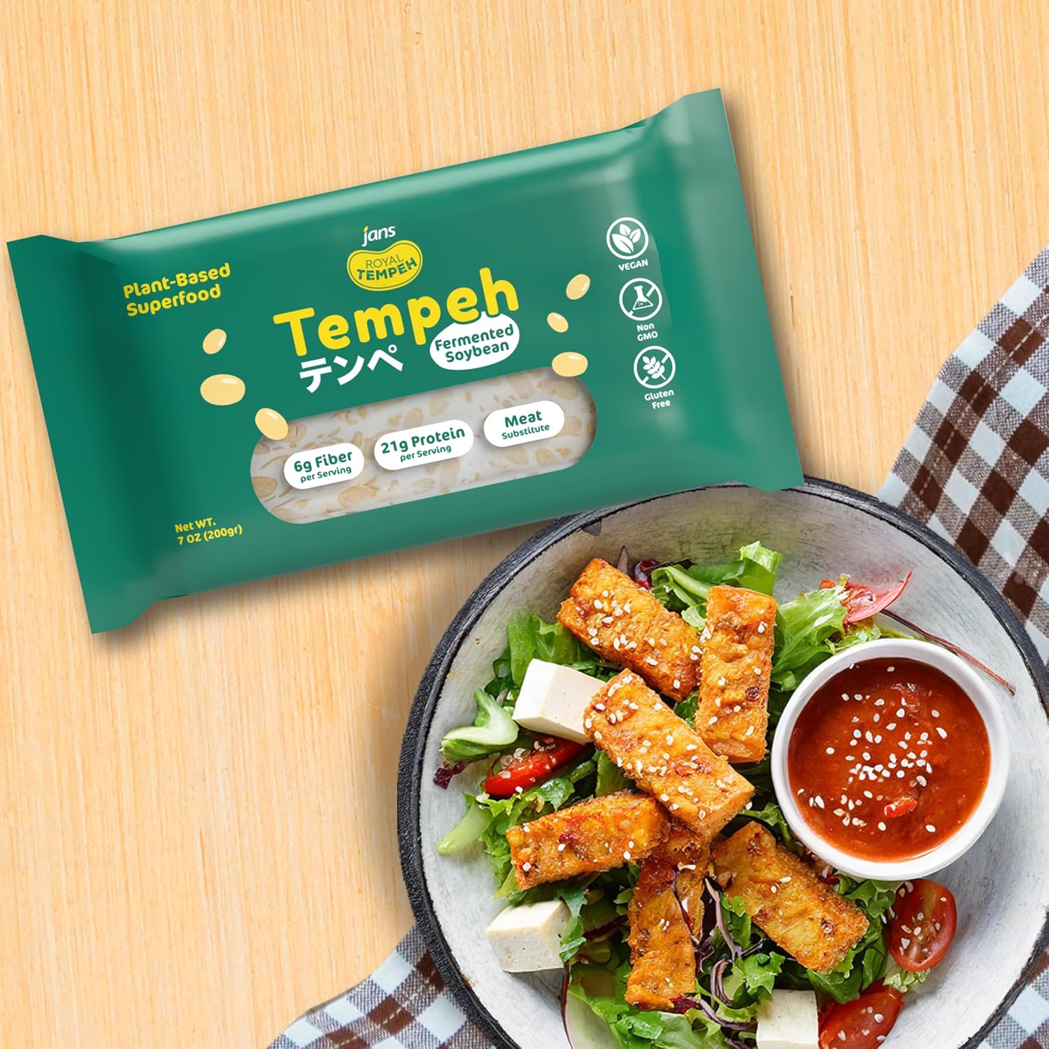 Jans Frozen Royal Tempeh: Wholesome Vegetarian Protein made From Fermented Soy | Elevate your Meals with Authentic Indonesian Flavor | 7.0 OZ (Pack of 3)