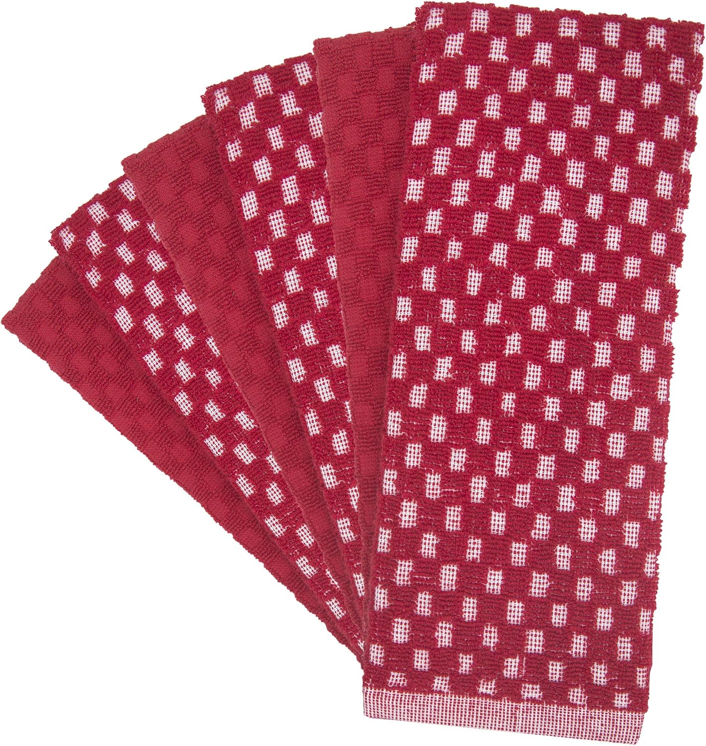 Premium Kitchen Towels (16”x 28”, 6 Pack), 3 pc Yarn Dyed + 3 Solid – Multiple Kitchen Towel Set Design - 380 GSM Highly Absorbent Tea Towels Set with Hanging Loop (Red, Kitchen Towels Chess Design)