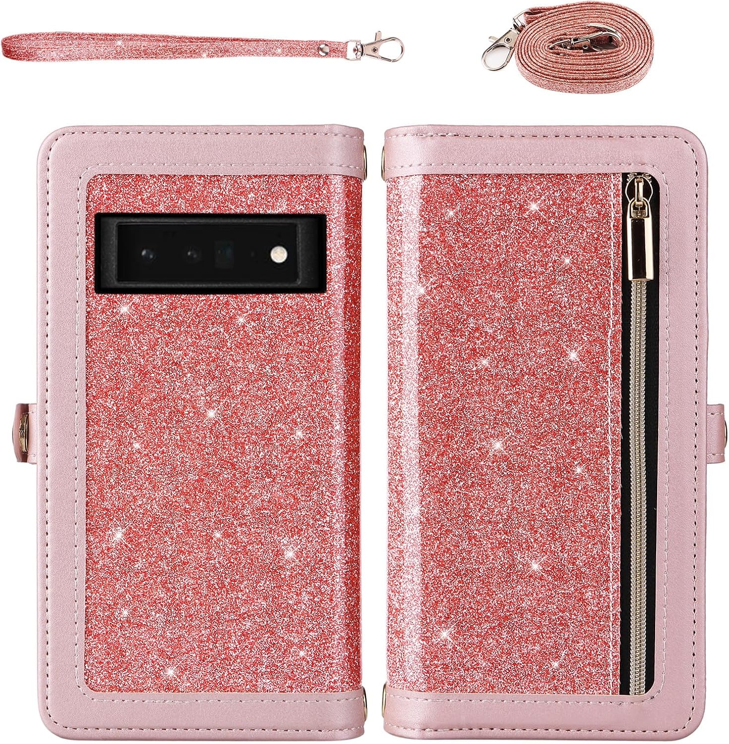 Asuwish Phone Case for Google Pixel 6 Pro Zipper Wallet Cell Cover with Tempered Glass Screen Protector Crossbody Strap Bling Glitter Flip Card Holder Pixel6Pro Pixel6 XL 6XL Pixle 6Pro 5G Women Pink