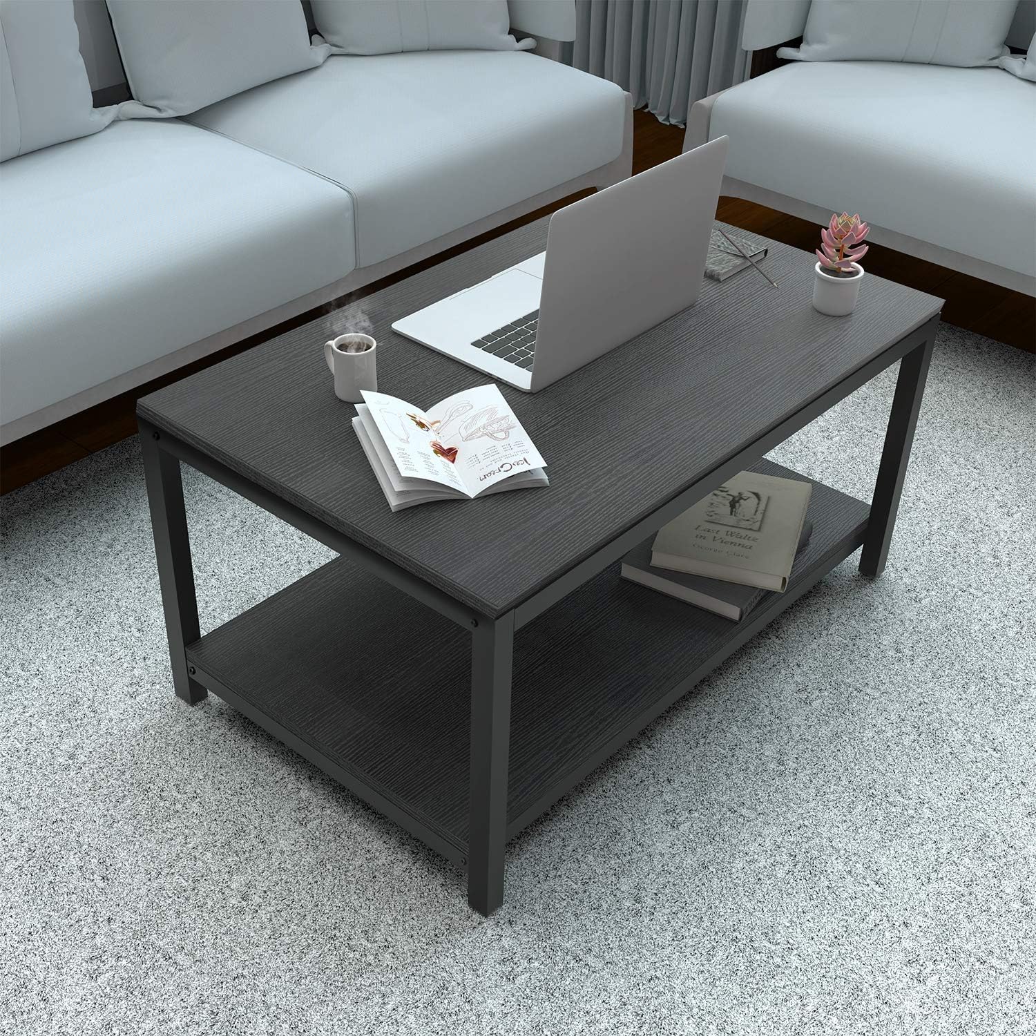 YSSOA Black 2-Tier Coffee Table with Shelf for Living Room and Office : Home & Kitchen